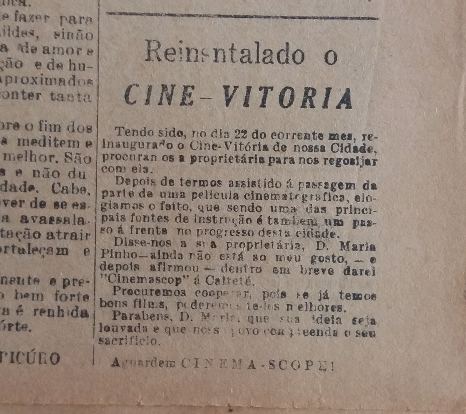 10.1-Doc. 20- O dever _ Informe sobre a Reinstalação do Cine Vitória- 27-09-1957.